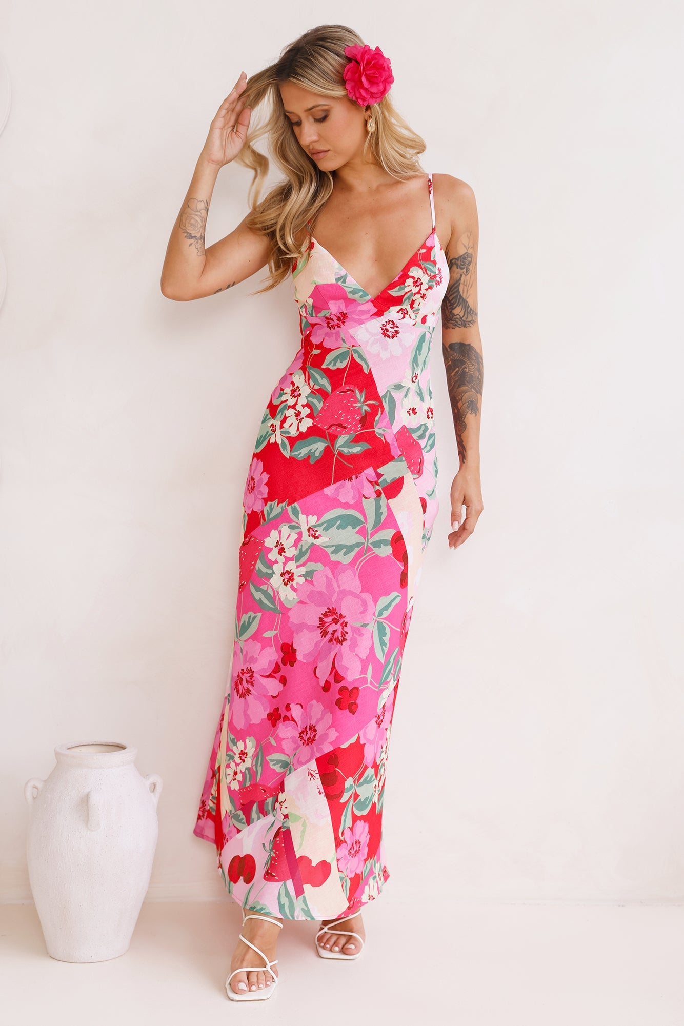 Fruit Picking Linen Blend Maxi Dress Pink