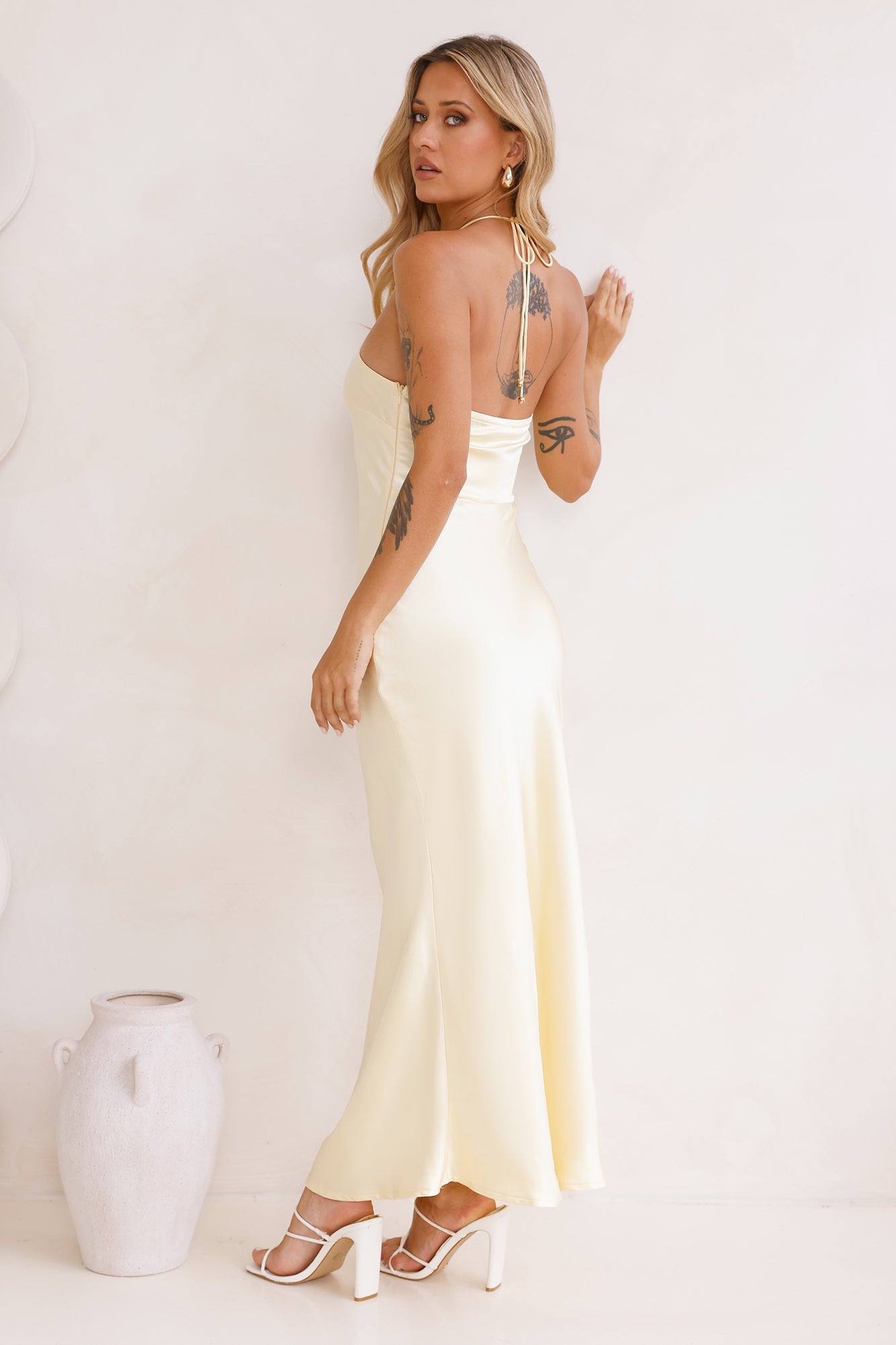 Admired By All Satin Halter Maxi Dress Yellow