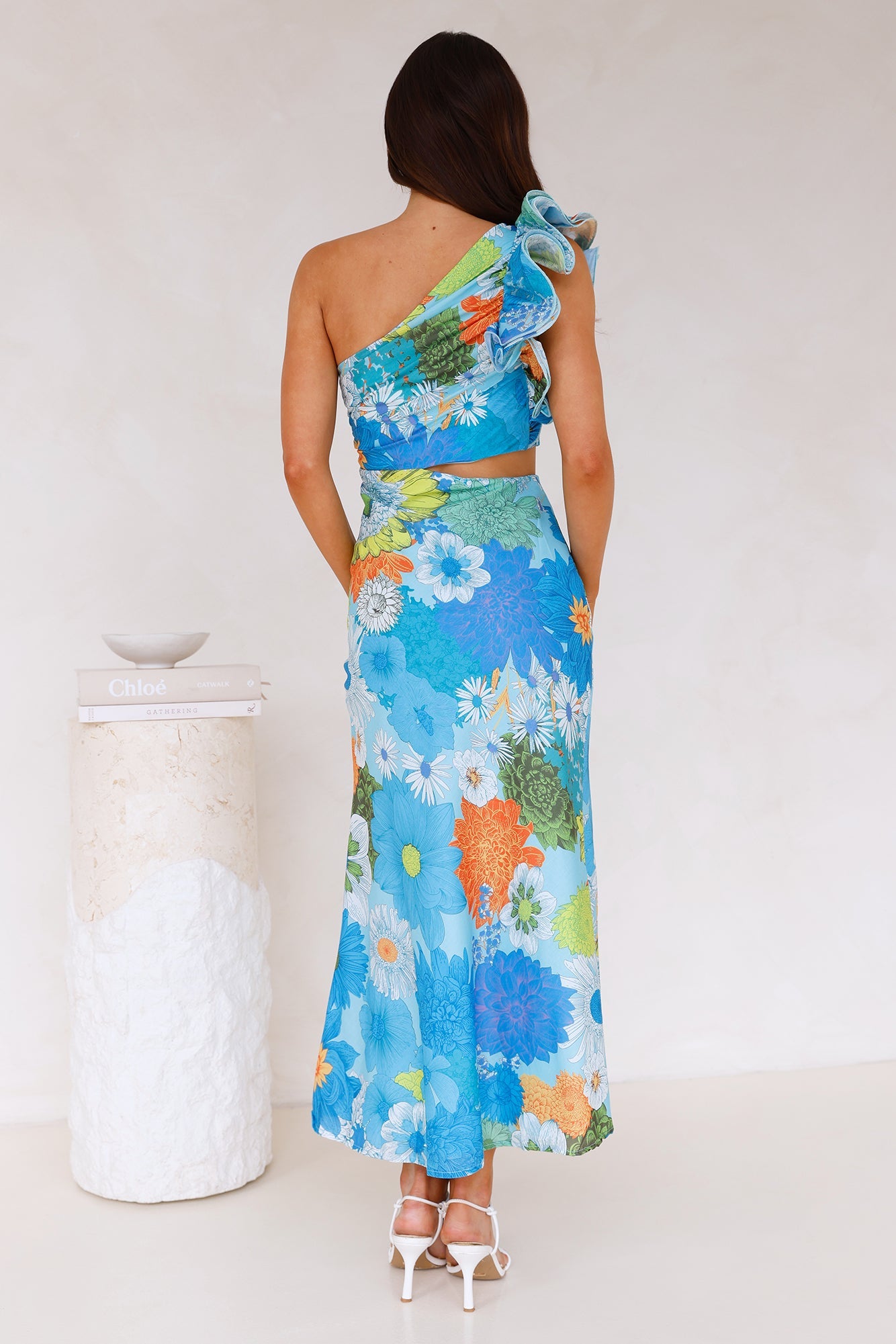 Enchanted Bouquet One Shoulder Midi Dress Blue