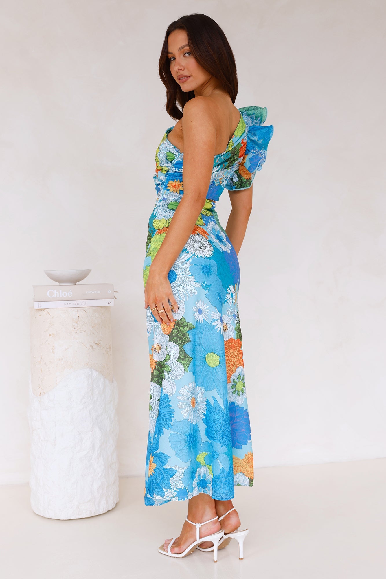 Enchanted Bouquet One Shoulder Midi Dress Blue