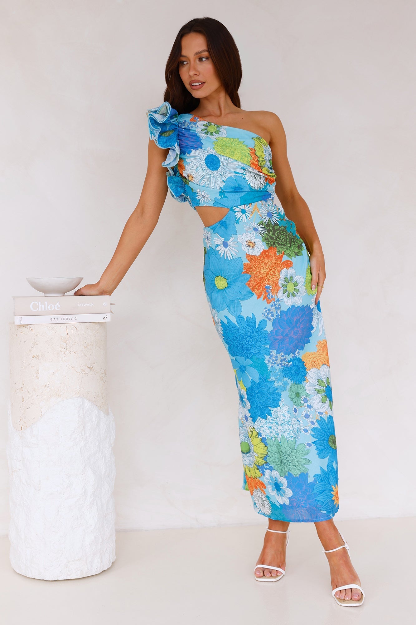 Enchanted Bouquet One Shoulder Midi Dress Blue