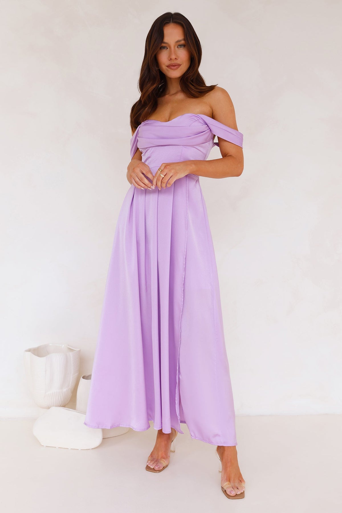 Golden Affair Off Shoulder Satin Maxi Dress Lilac