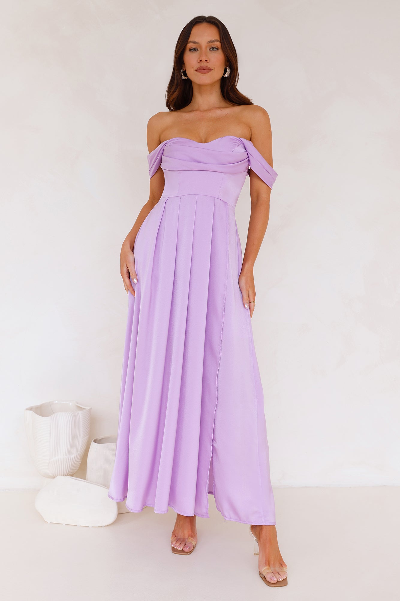 Golden Affair Off Shoulder Satin Maxi Dress Lilac