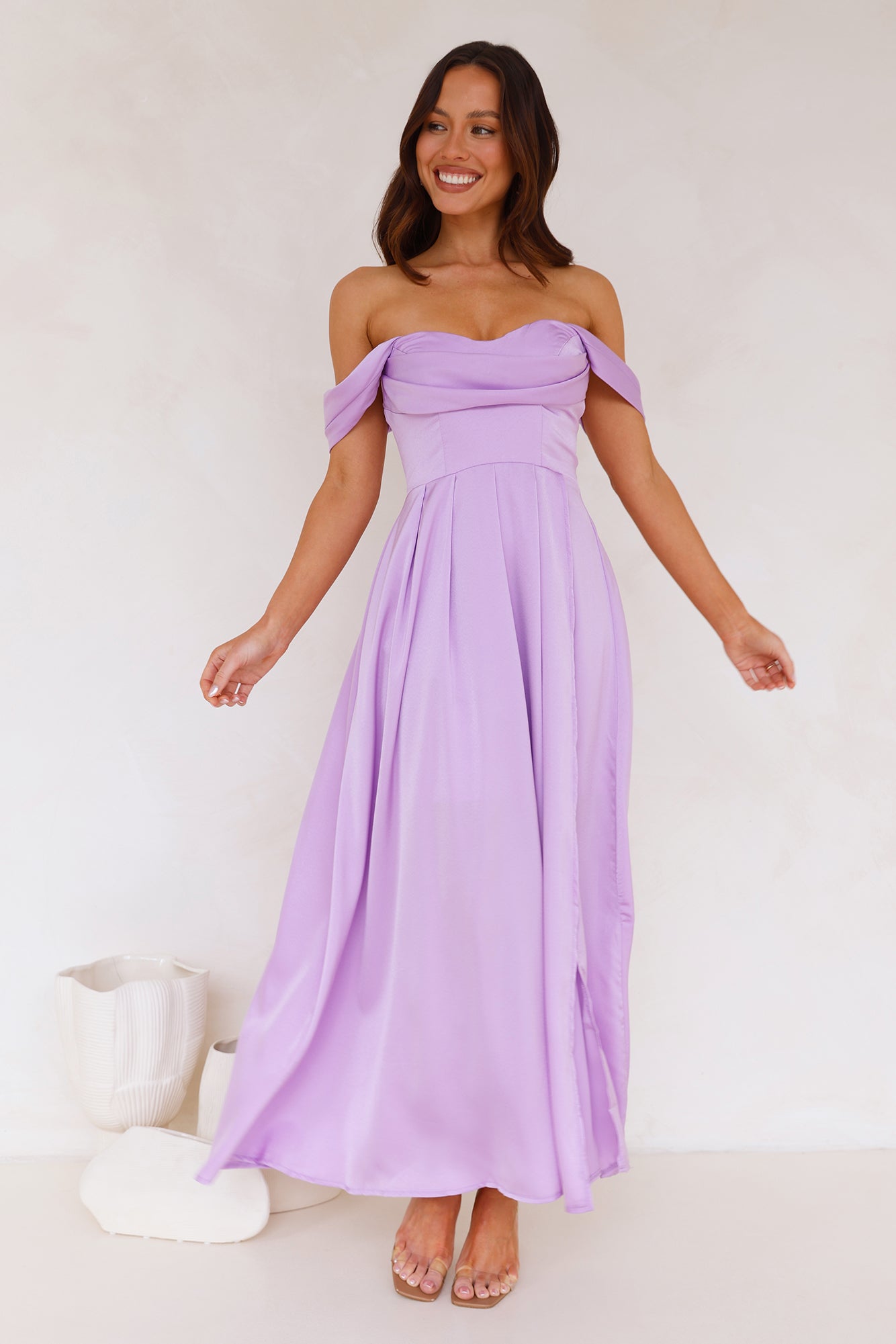 Golden Affair Off Shoulder Satin Maxi Dress Lilac