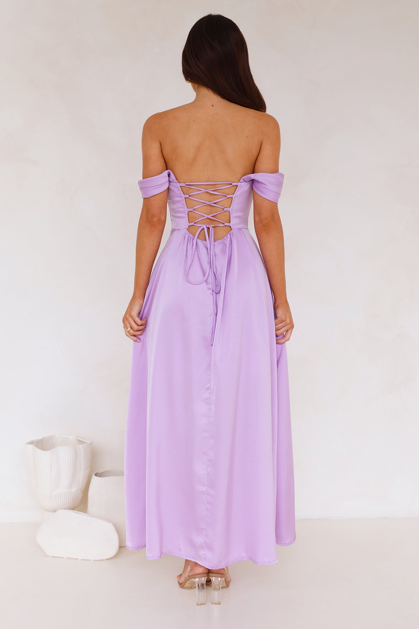 Golden Affair Off Shoulder Satin Maxi Dress Lilac