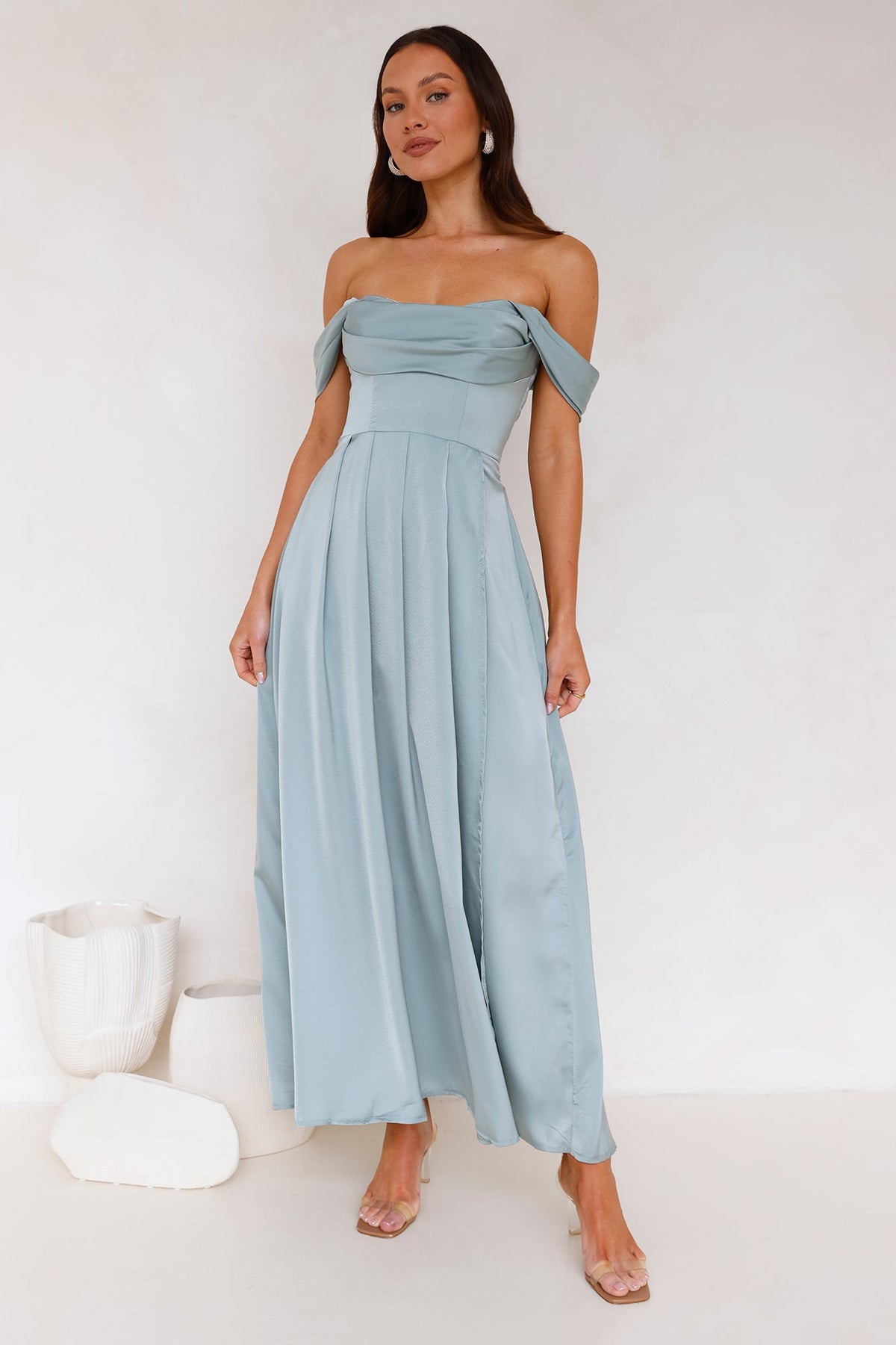 Golden Affair Off Shoulder Satin Maxi Dress Sage