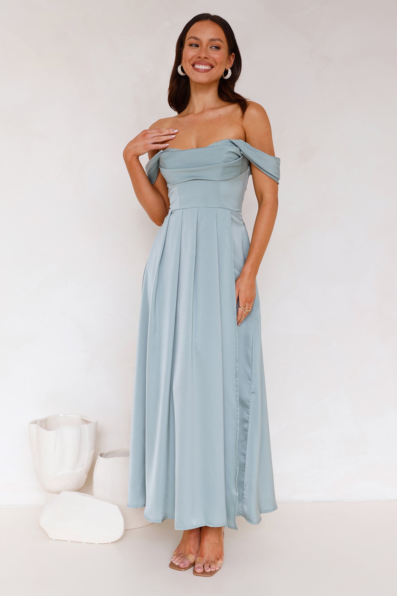 Golden Affair Off Shoulder Satin Maxi Dress Sage