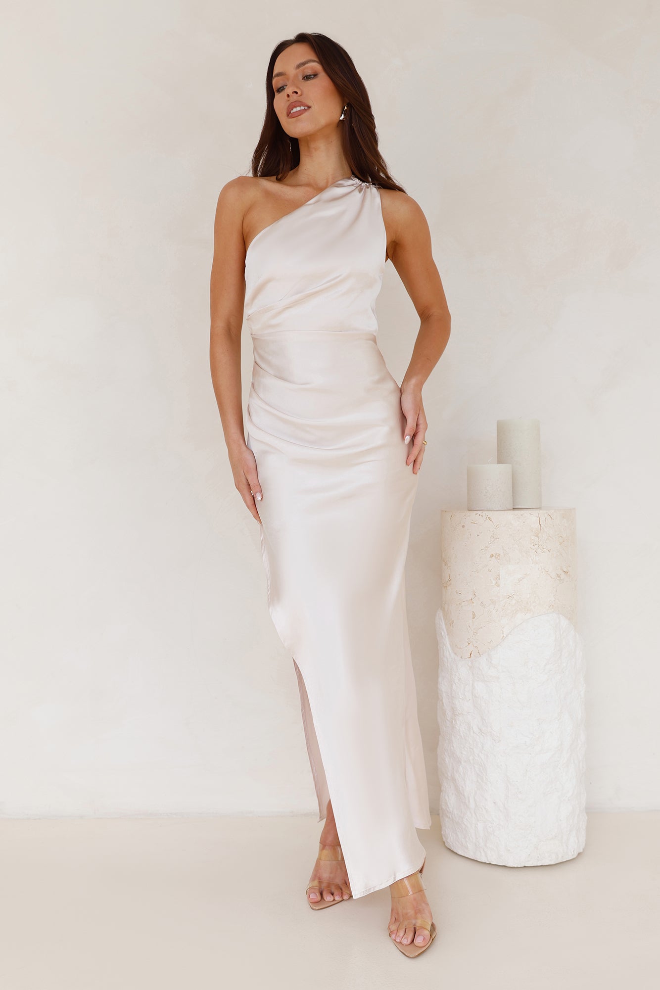 Luxe Charm One Shoulder Satin Maxi Dress Champagne