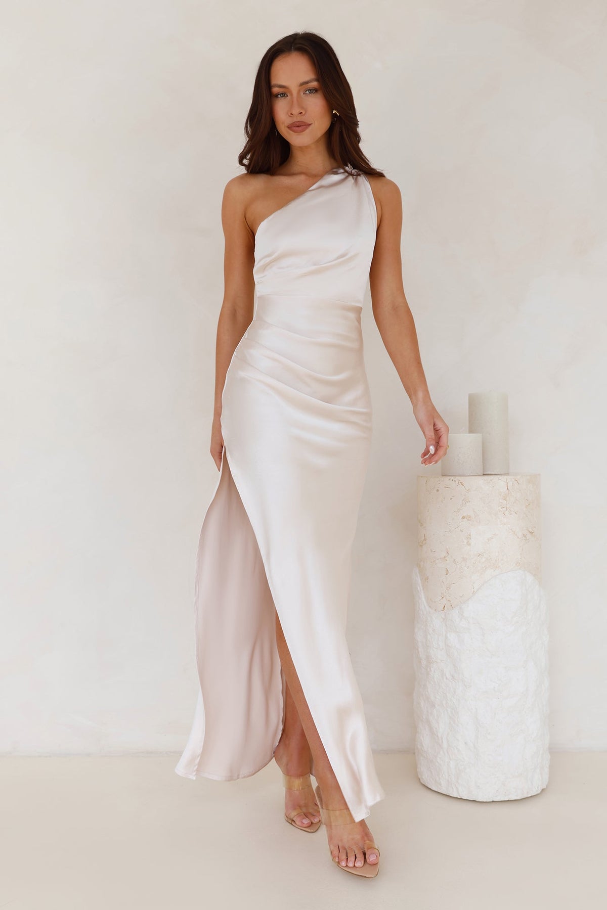 Luxe Charm One Shoulder Satin Maxi Dress Champagne