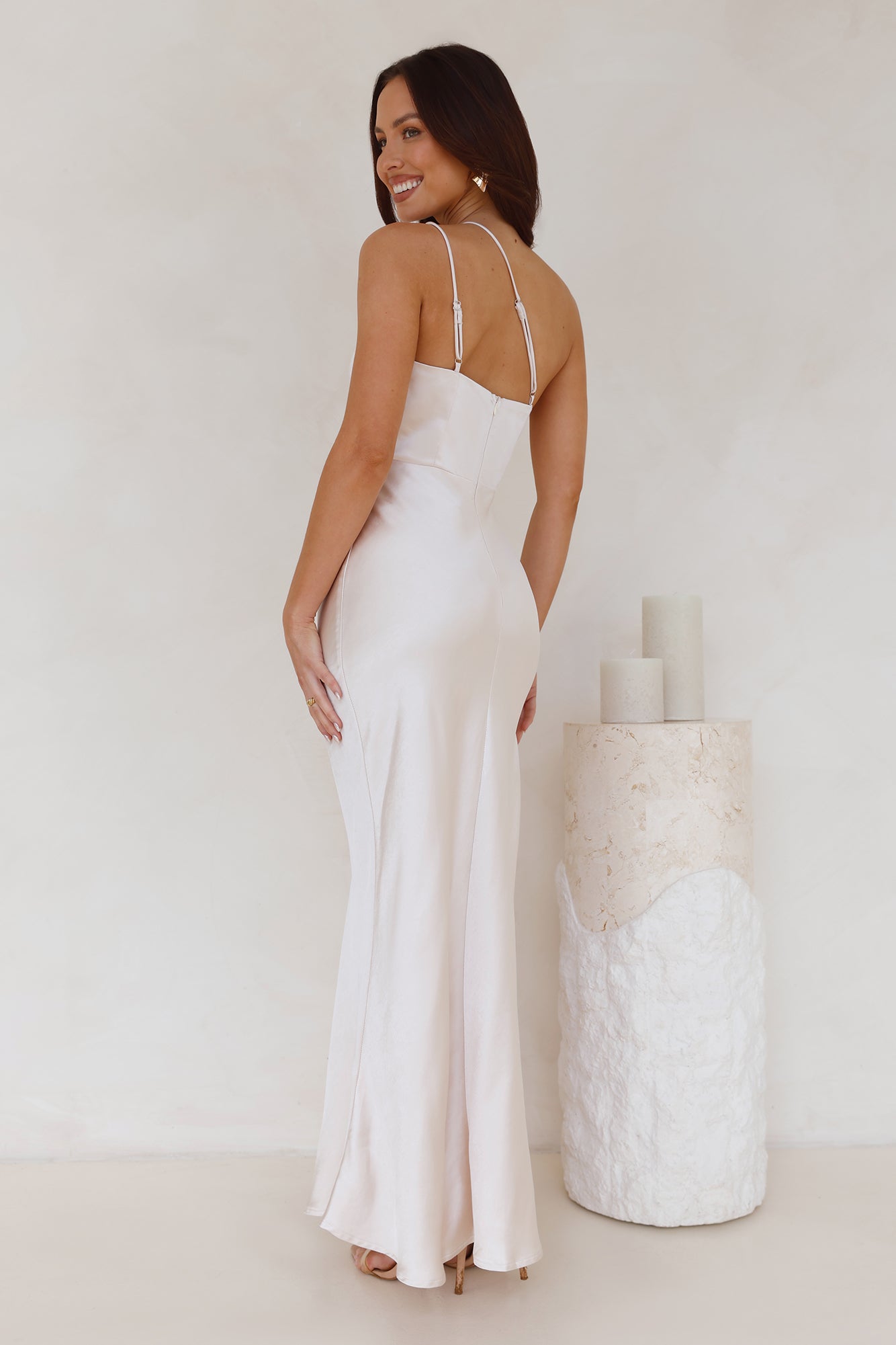 Luxe Charm One Shoulder Satin Maxi Dress Champagne