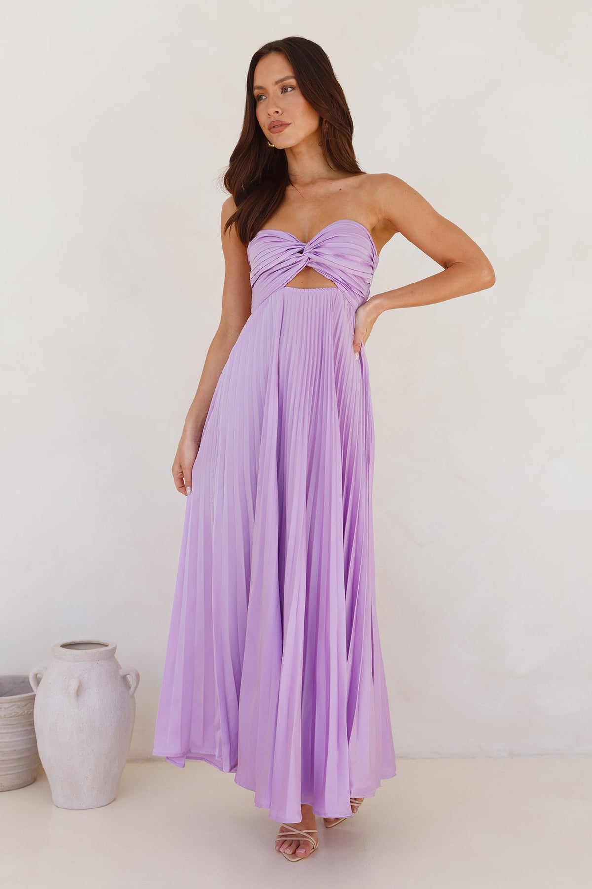 Frosted Berry Strapless Pleated Maxi Dress Lilac