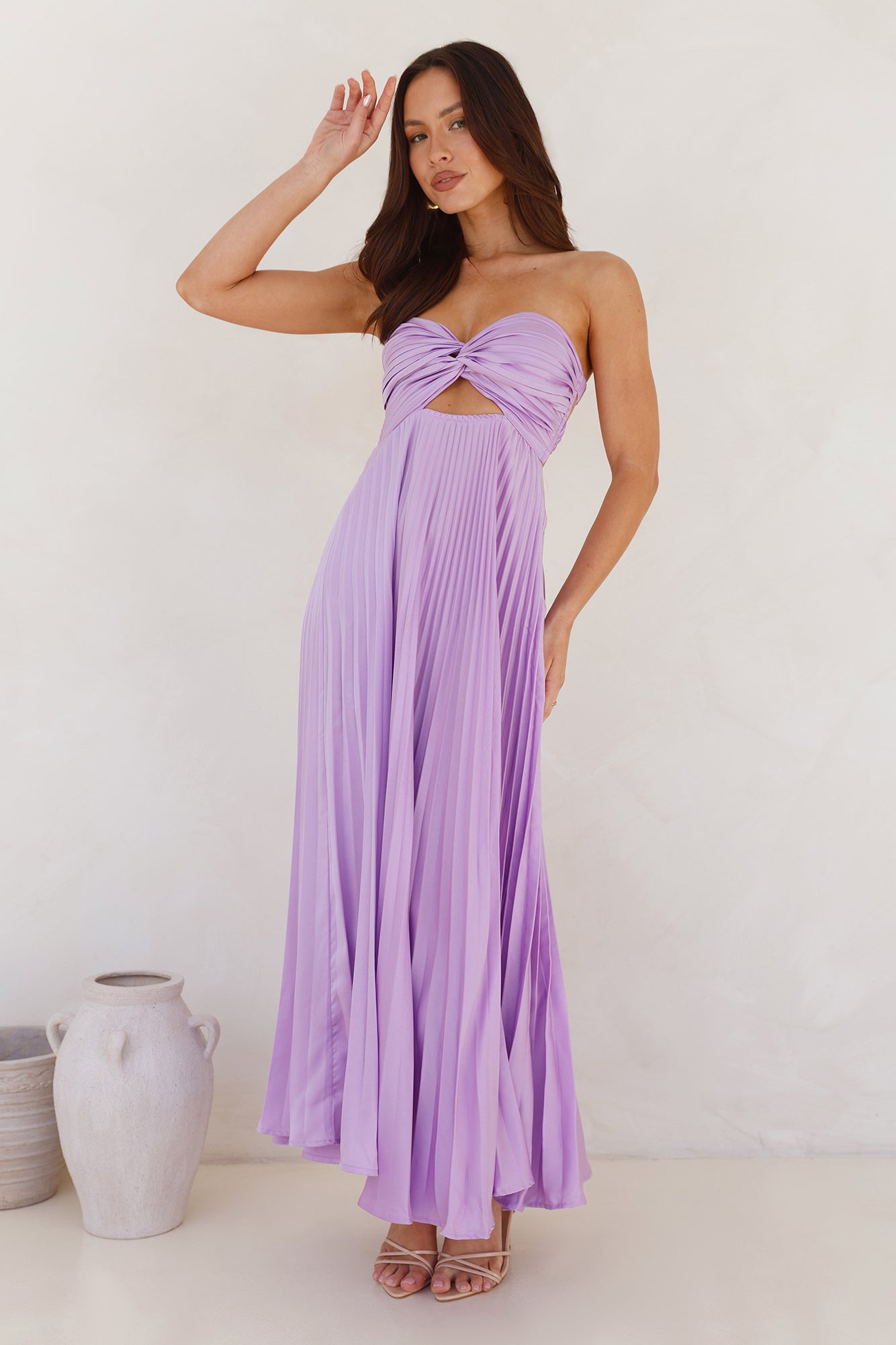 Frosted Berry Strapless Pleated Maxi Dress Lilac