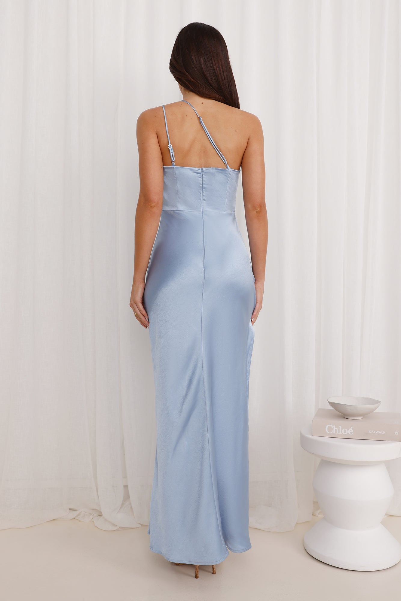 Luxe Charm One Shoulder Satin Maxi Dress Blue