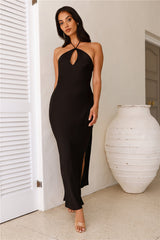 Admired From All Angles Satin Halter Maxi Dress Black