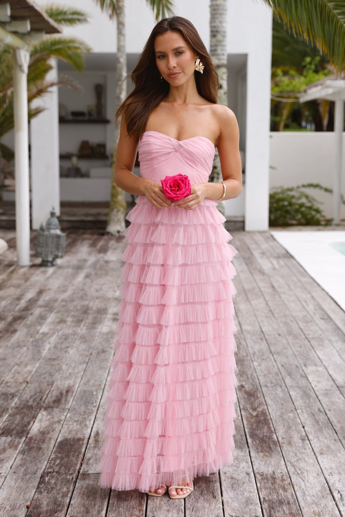 Lovers In Paris Strapless Tulle Maxi Dress Pink