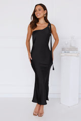 Black Tie Ballroom One Shoulder Satin Maxi Dress Black