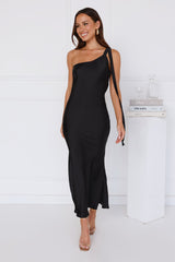 Black Tie Ballroom One Shoulder Satin Maxi Dress Black