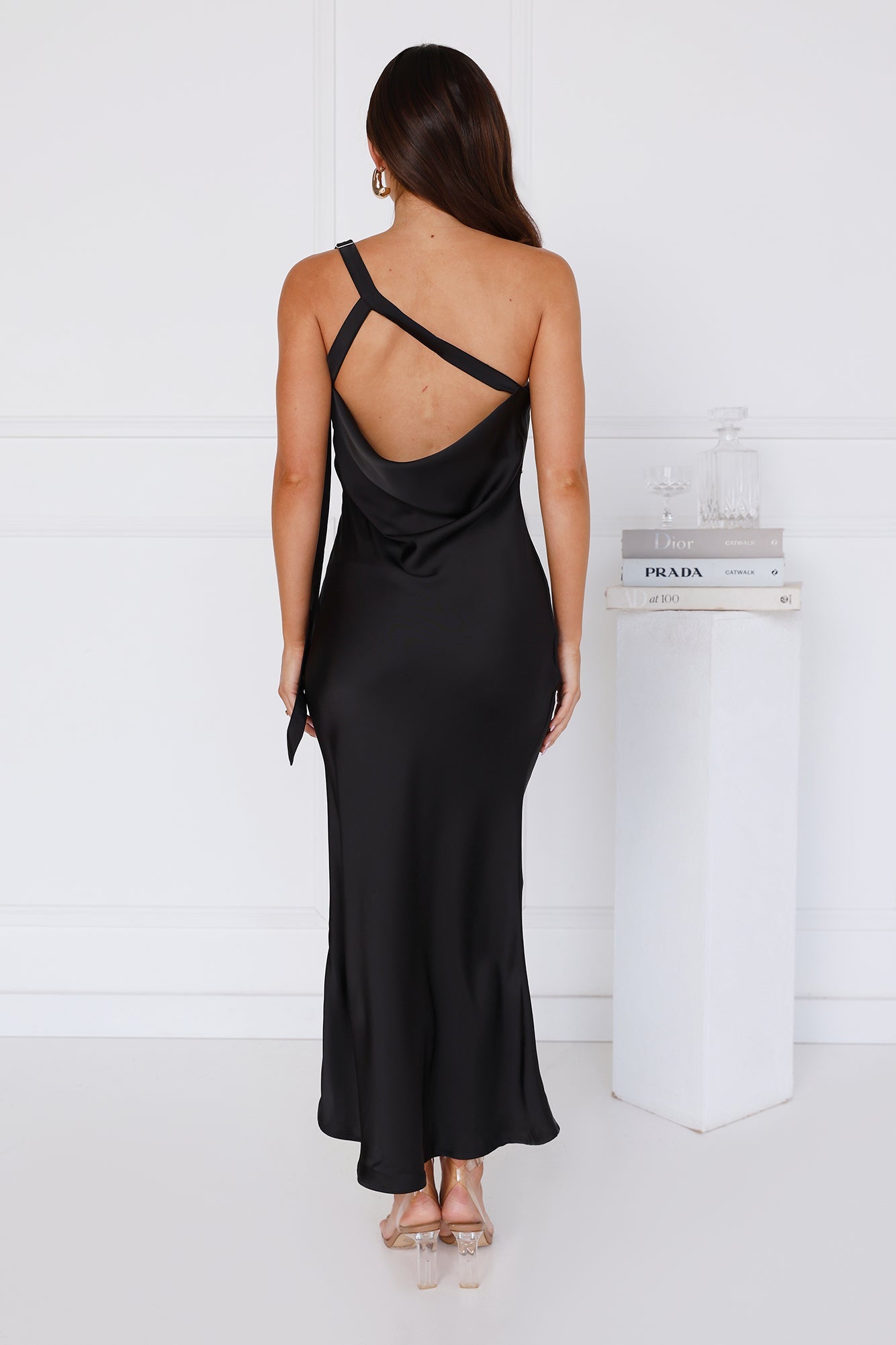 Black Tie Ballroom One Shoulder Satin Maxi Dress Black