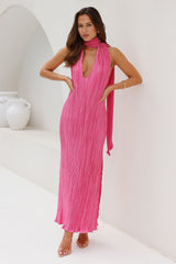 Excitement Plisse Halter Maxi Dress Pink