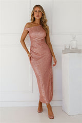 Brilliant Beginnings Sequin Off Shoulder Maxi Dress Rose Gold