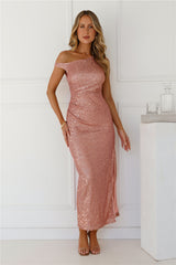 Brilliant Beginnings Sequin Off Shoulder Maxi Dress Rose Gold