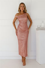 Brilliant Beginnings Sequin Off Shoulder Maxi Dress Rose Gold