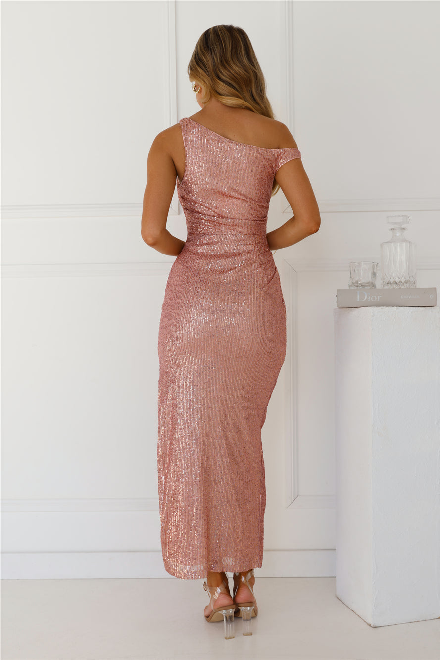 Brilliant Beginnings Sequin Off Shoulder Maxi Dress Rose Gold