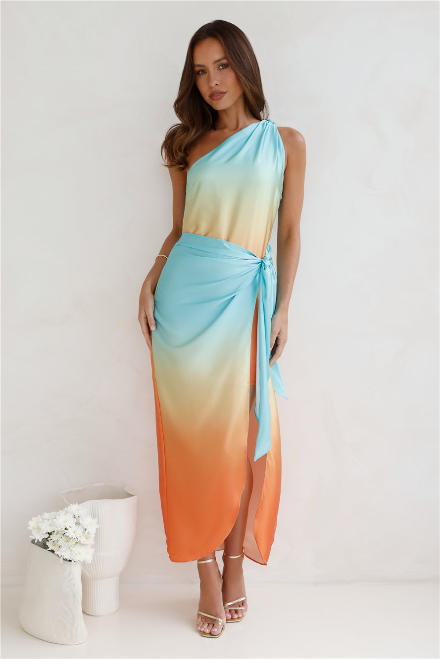 Ariel One Shoulder Satin Midi Dress Aqua