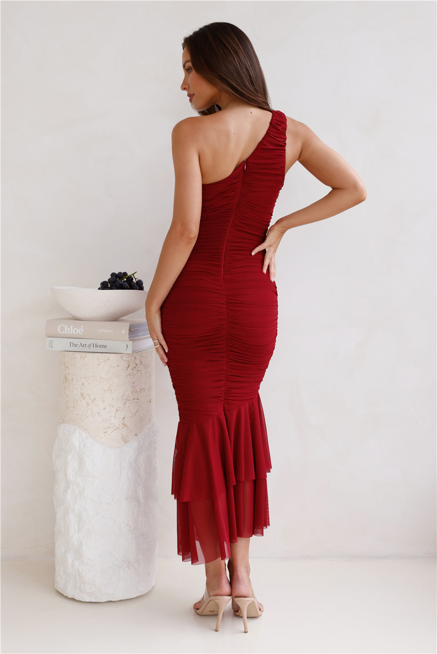 In The Twilight One Shoulder Mesh Maxi Dress Maroon