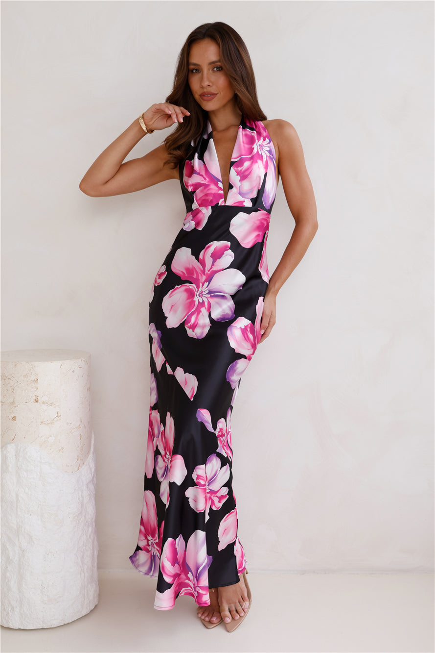 Fashion Designer Satin Maxi Dress Black