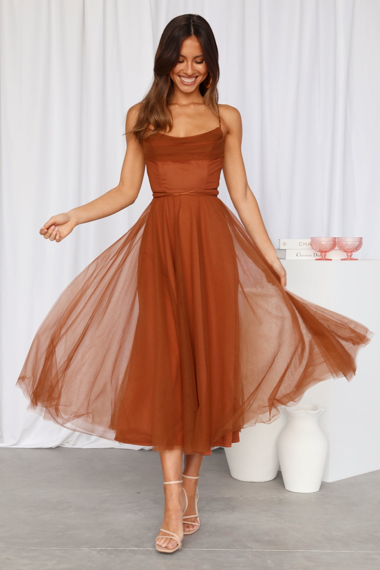 Signal My Way Tulle Midi Dress Chocolate