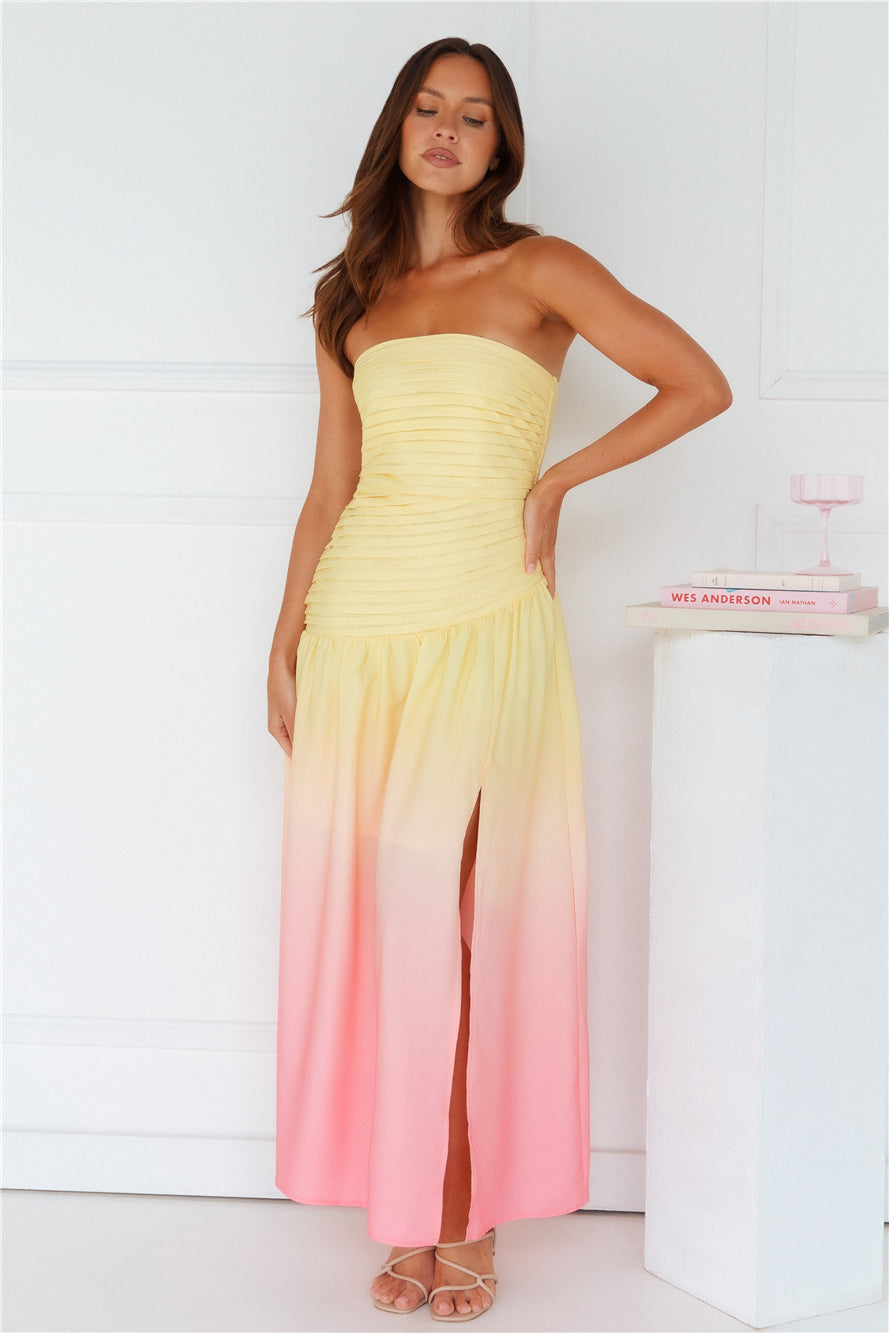 Island Sunset Strapless Maxi Dress Yellow