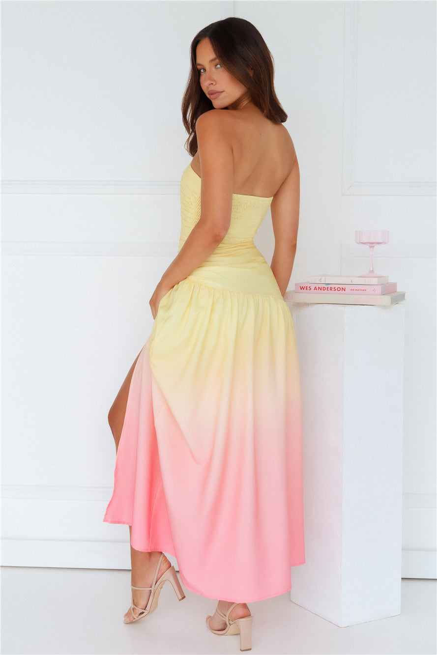 Island Sunset Strapless Maxi Dress Yellow