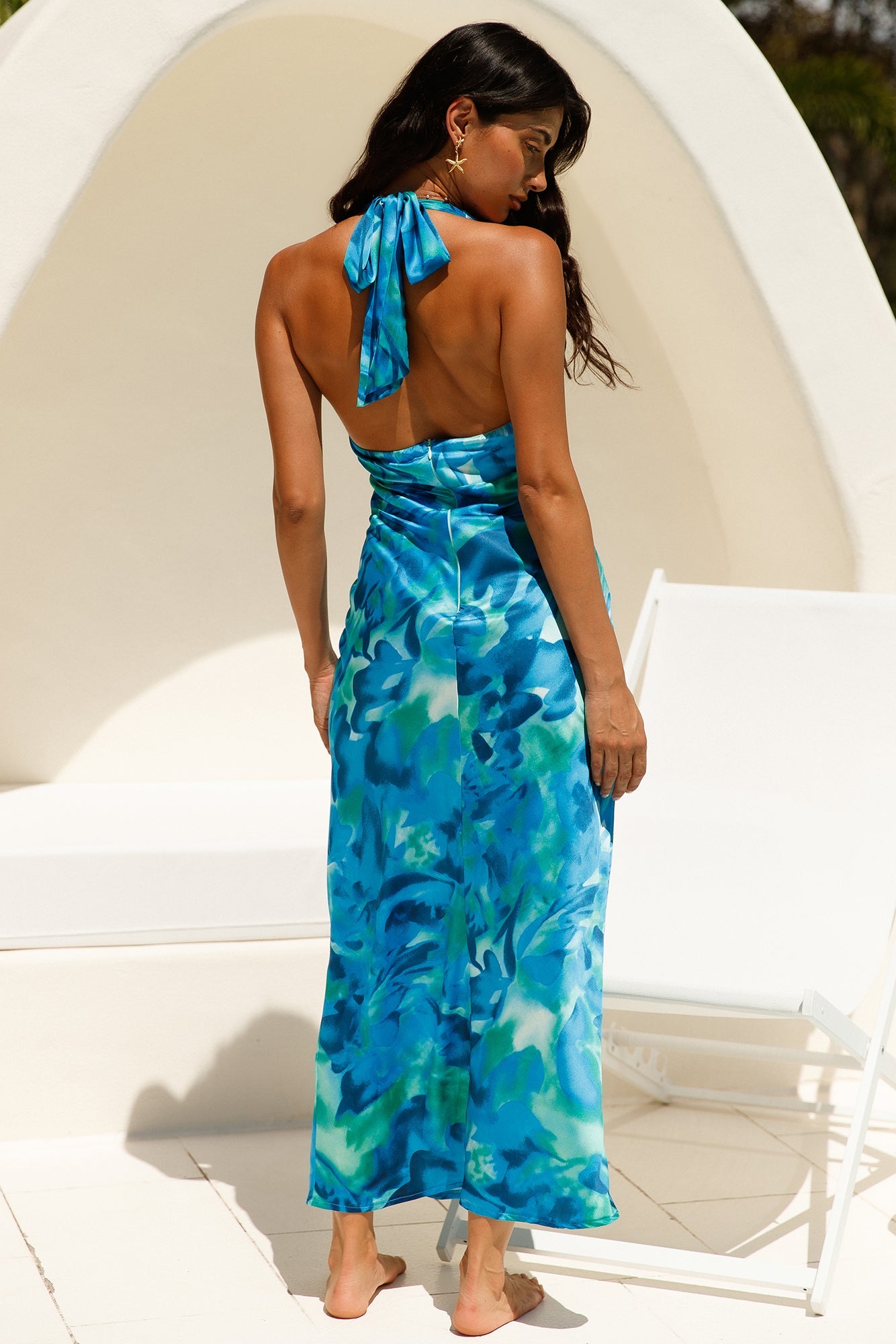 Ink Paint Halter Satin Maxi Dress Blue