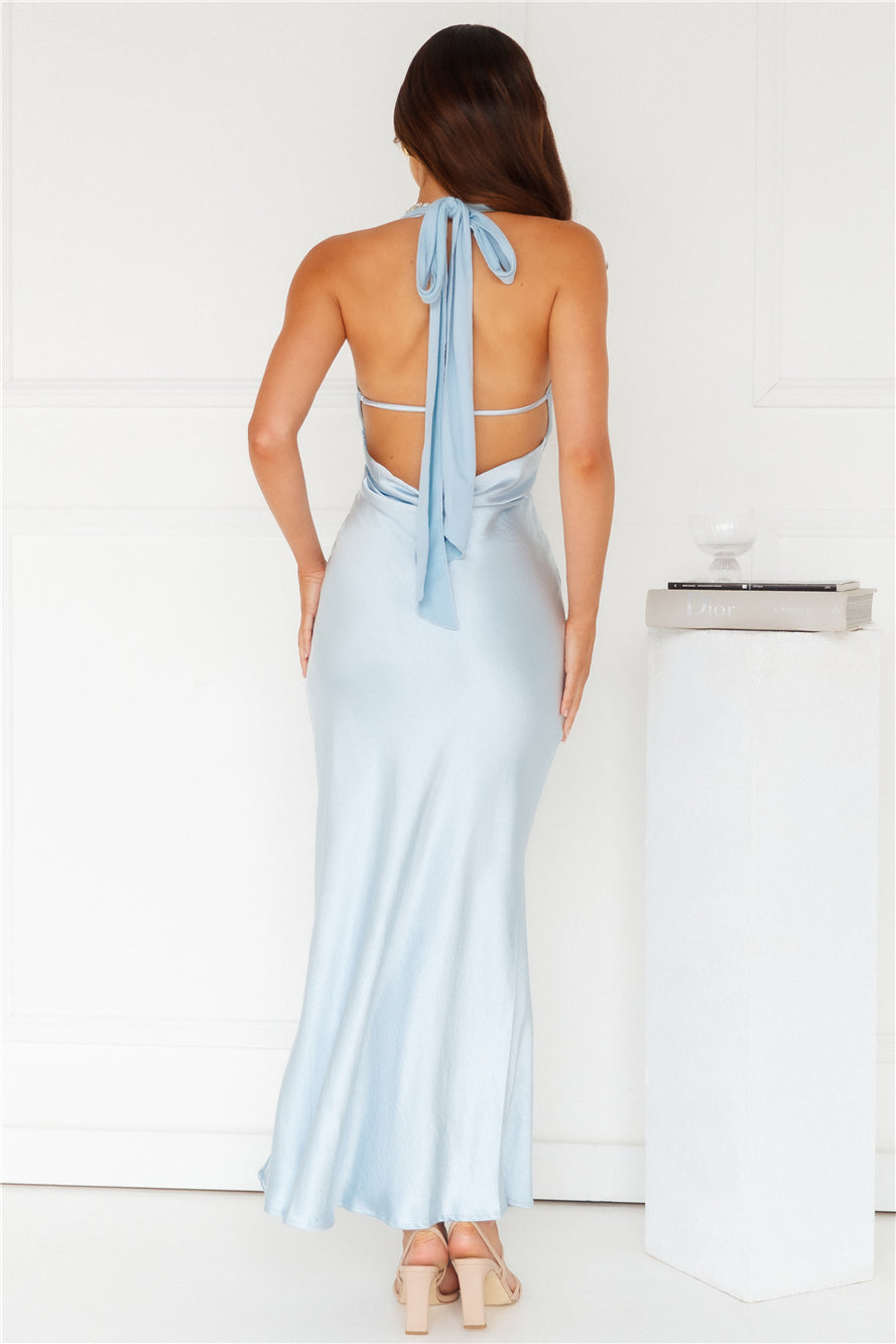 Attracting Fame Halter Satin Maxi Dress Blue