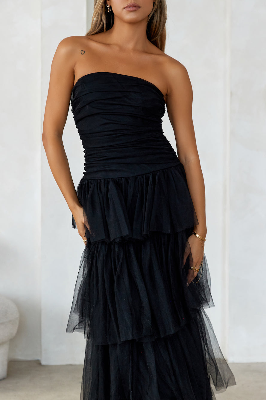 Hidden Opal Strapless Tulle Maxi Dress Black