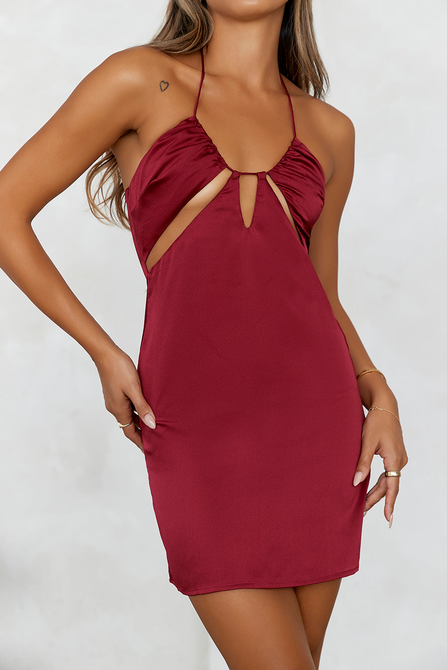 Brunch By The River Satin Mini Dress Wine