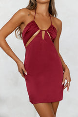 Brunch By The River Satin Mini Dress Wine