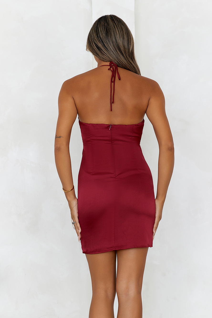 Brunch By The River Satin Mini Dress Wine