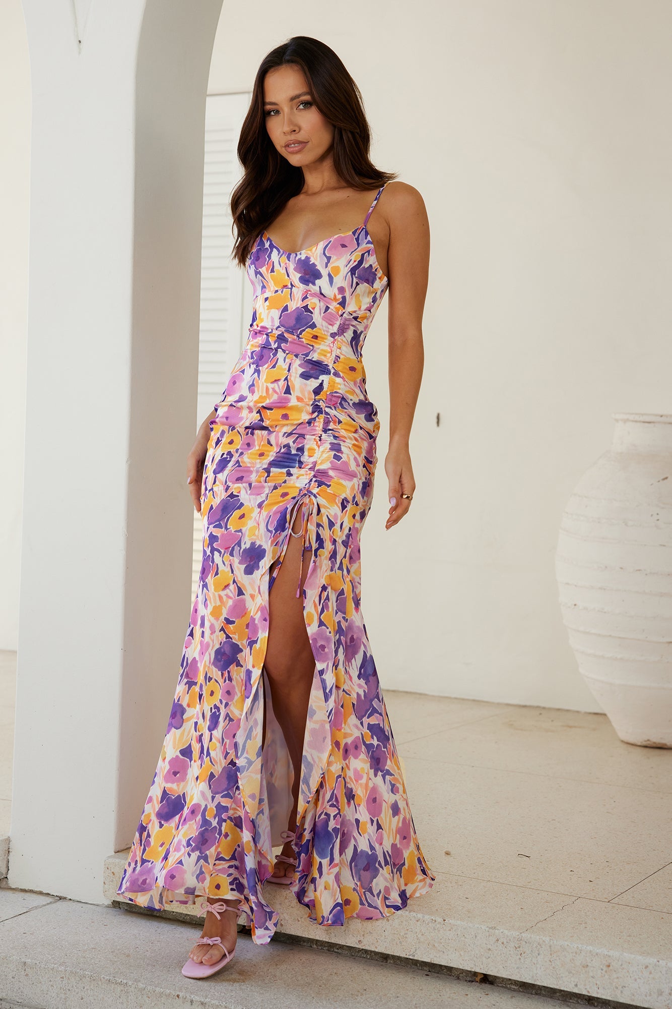 On Your Wishlist Satin Maxi Dress Multi Print