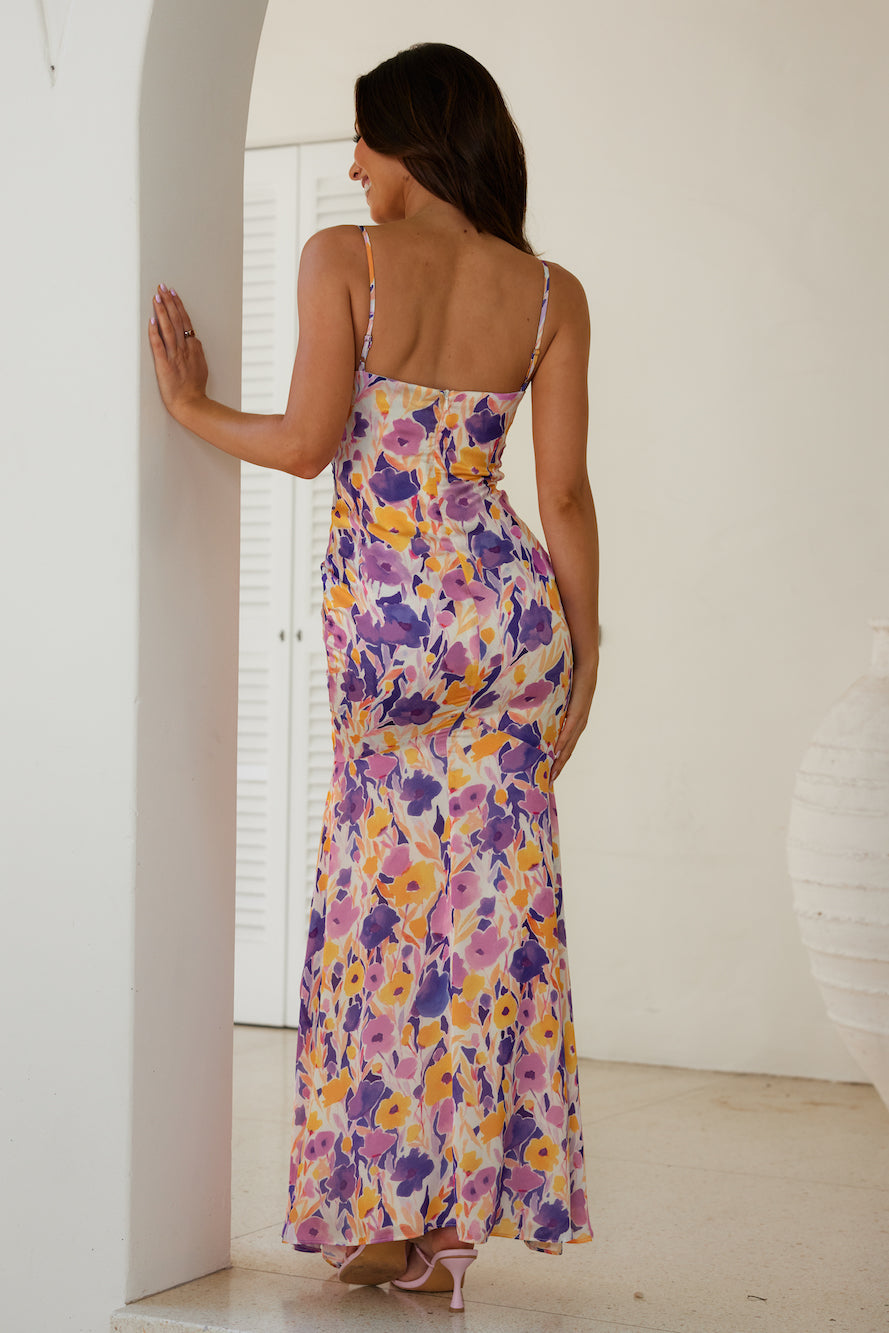 On Your Wishlist Satin Maxi Dress Multi Print