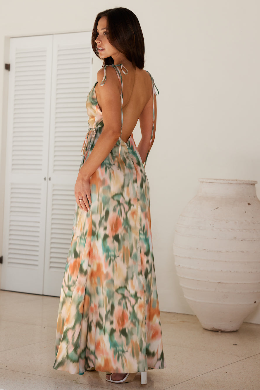 Painted Sunset Satin Maxi Dress Green