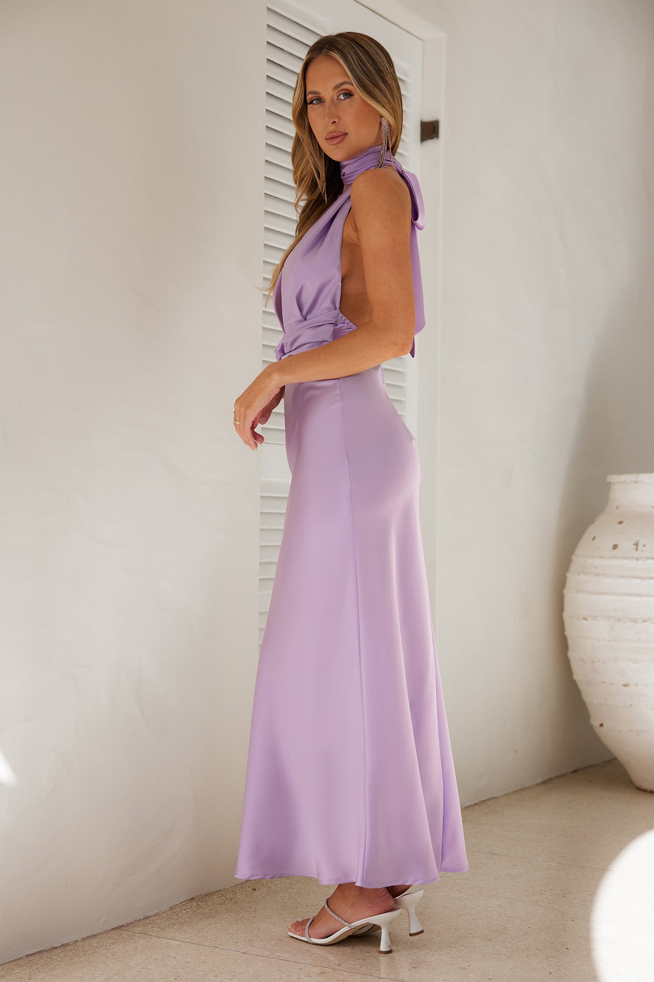 Beauty Of The Night Halter Satin Maxi Dress Lilac