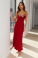 Flower Passion Satin Maxi Dress Red