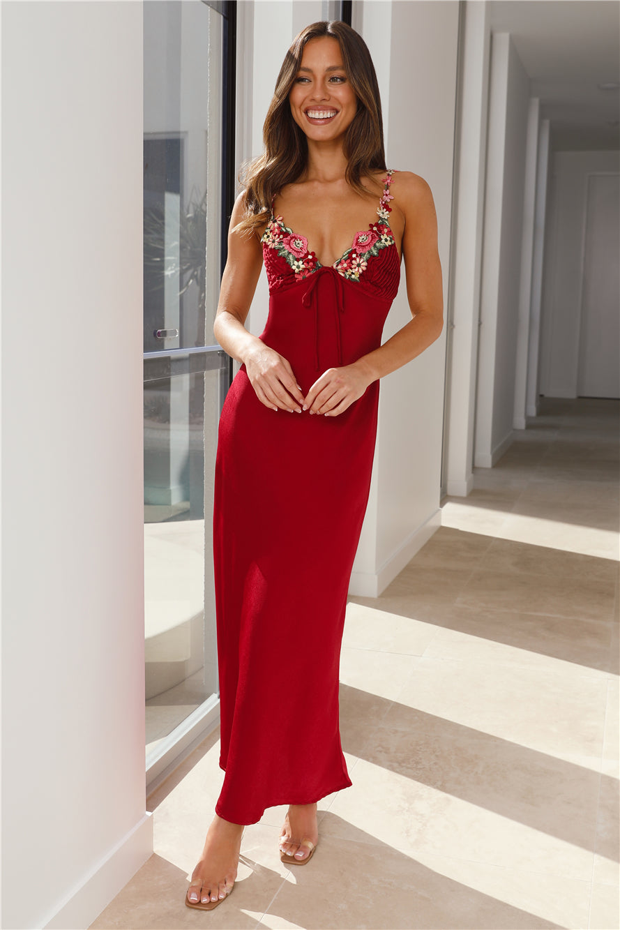 Flower Passion Satin Maxi Dress Red