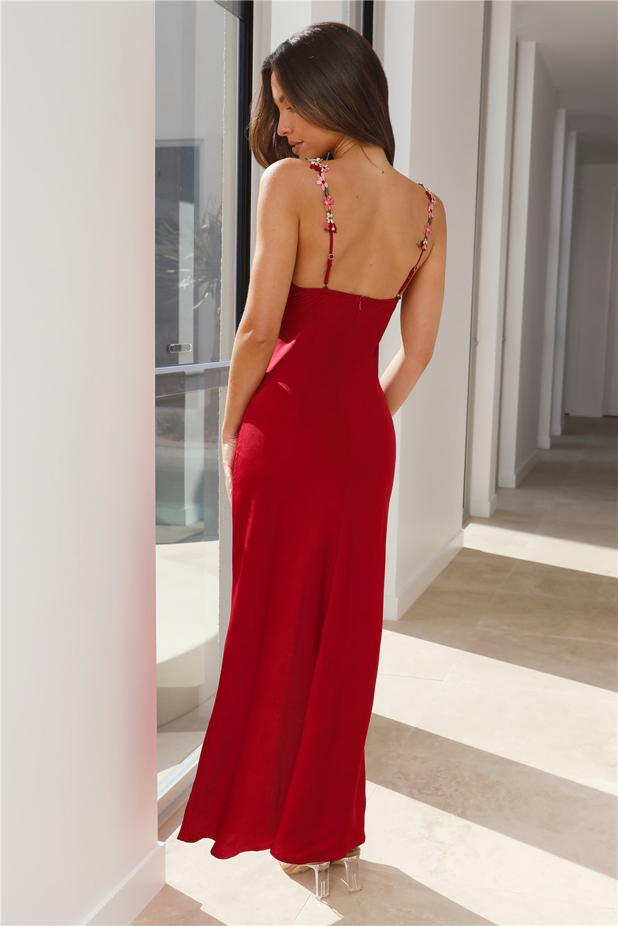 Flower Passion Satin Maxi Dress Red