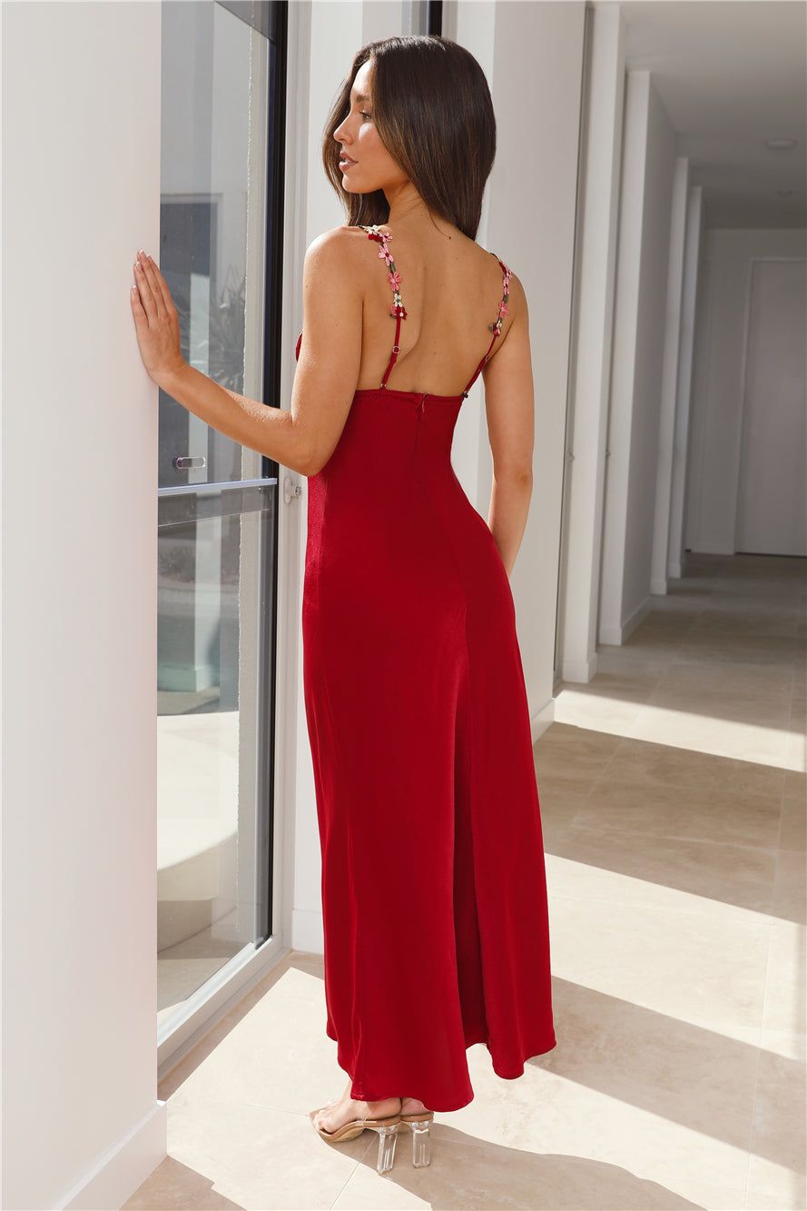 Flower Passion Satin Maxi Dress Red