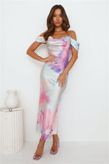 Like And Comment Satin Maxi Dress Print