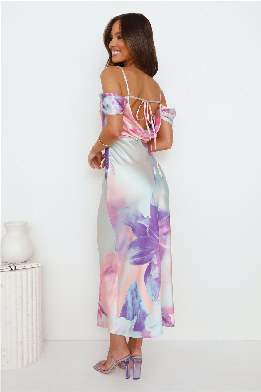 Like And Comment Satin Maxi Dress Print